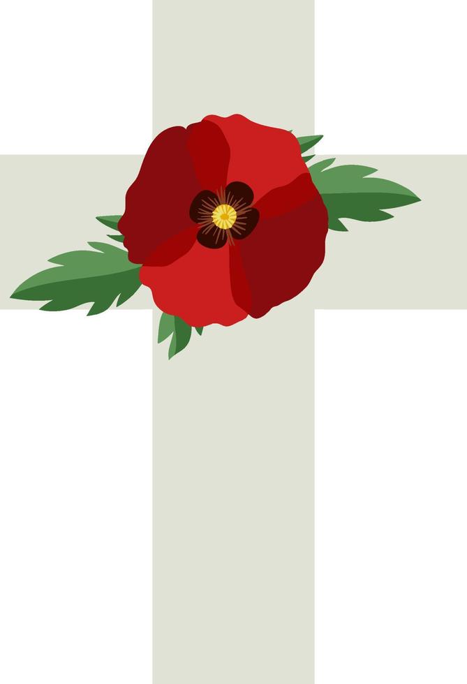 Poppy flowers on cross gravestone for remembrance day icon vector