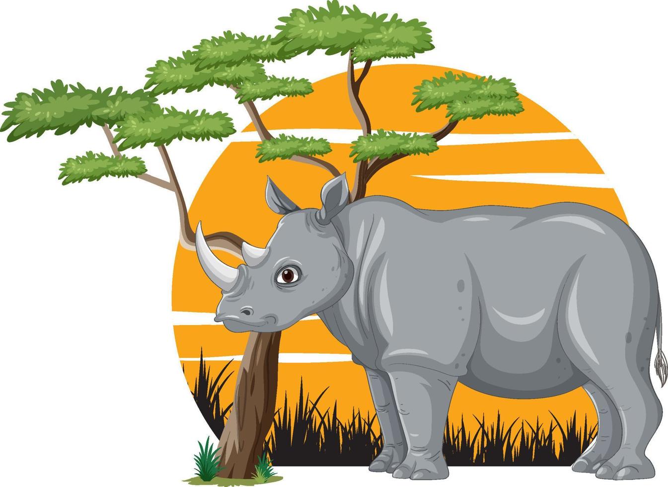 rinosaurio con árbol en estilo de dibujos animados vector
