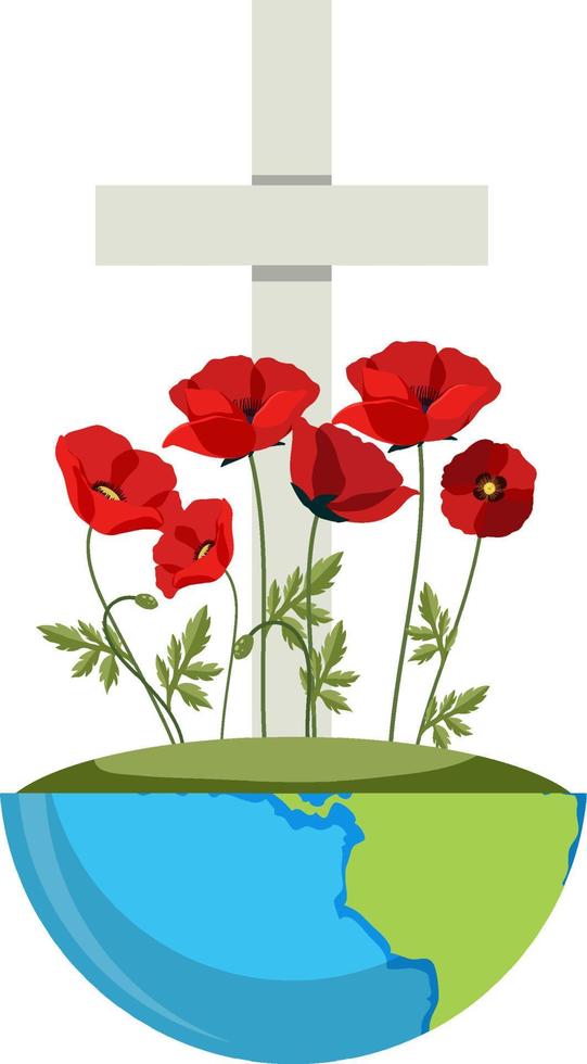 Poppy flowers on cross gravestone for remembrance day icon vector