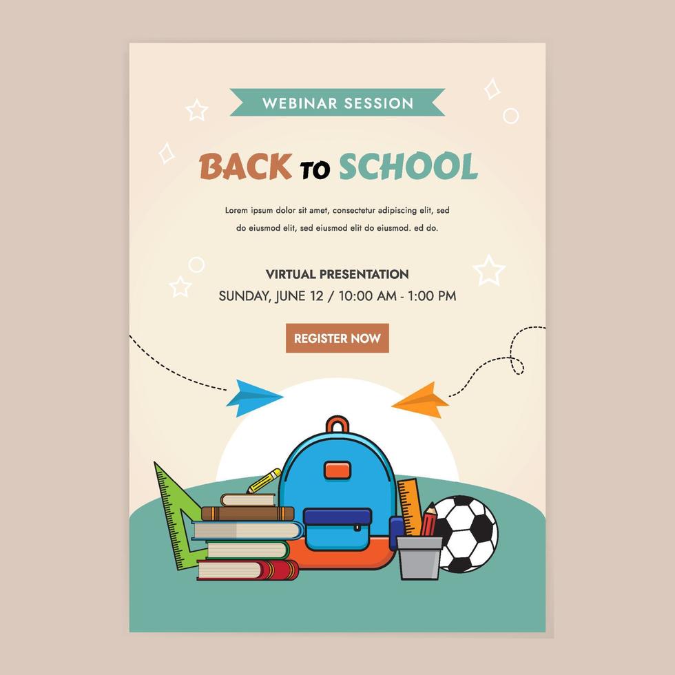 plantilla de póster de seminario web de regreso a la escuela dibujado a mano con útiles escolares vector