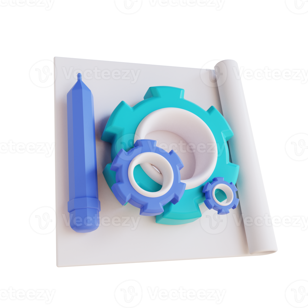 3D illustration paper pencil and gear png