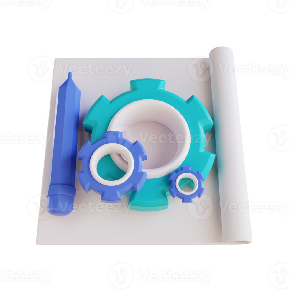 3D illustration paper pencil and gear png