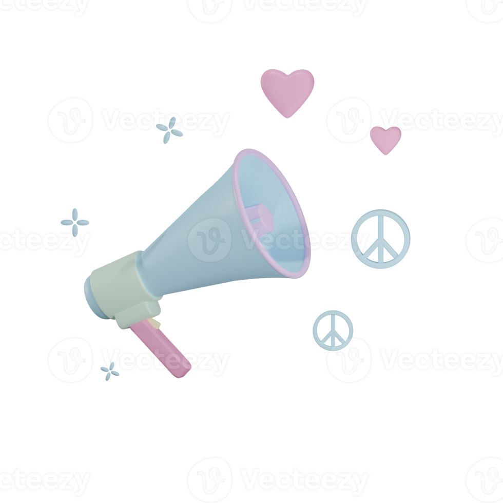 3D peace love megaphone illustration with transparent background png