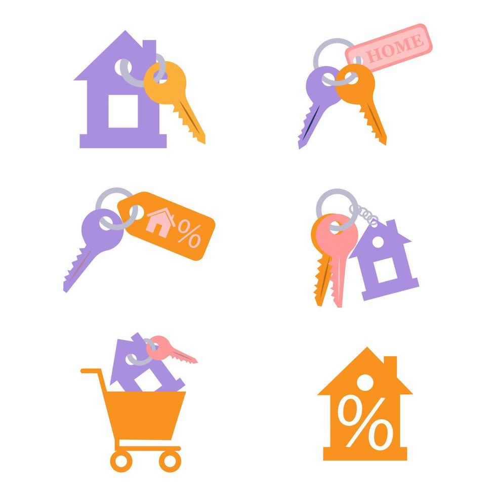 A set of key badges on key chains in the form of a house. The concept of mortgage and home purchase. Vector isolated on a white background