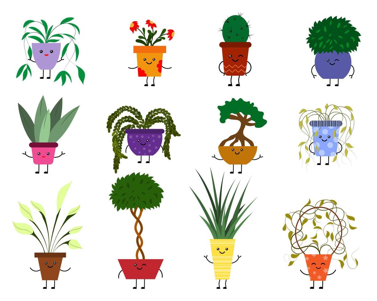 un conjunto de plantas de interior kawaii sonrientes con brazos y piernas. estilo plano para elementos interiores aplicables a folletos brillantes con decoraciones para el hogar. ilustración vectorial aislada. vector