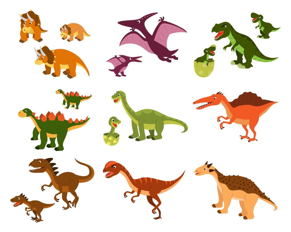 un conjunto de lindos dinosaurios de dibujos animados y sus hijos. vector aislado en un fondo blanco.