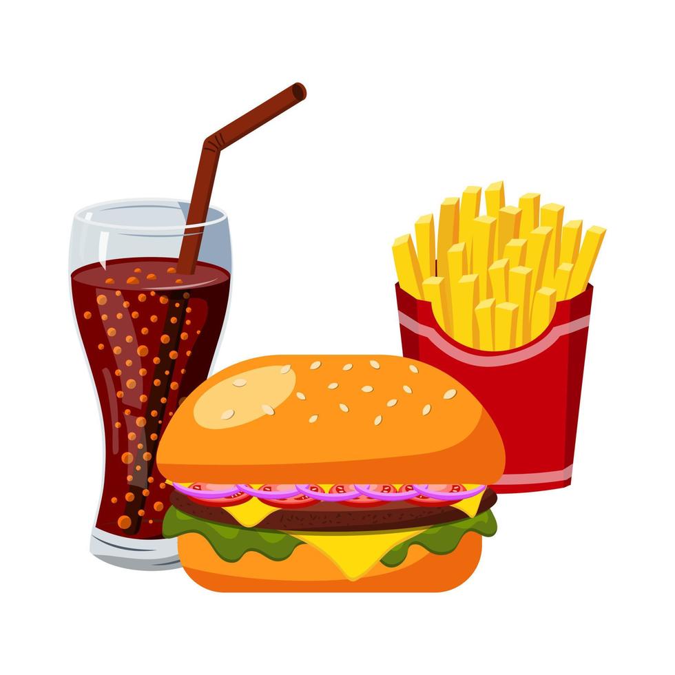 A set of fast food illustrations, burger, lemonade and French fries. Traditional takeaway food in a fast food chain cafe. Vector illustrations on a white background.