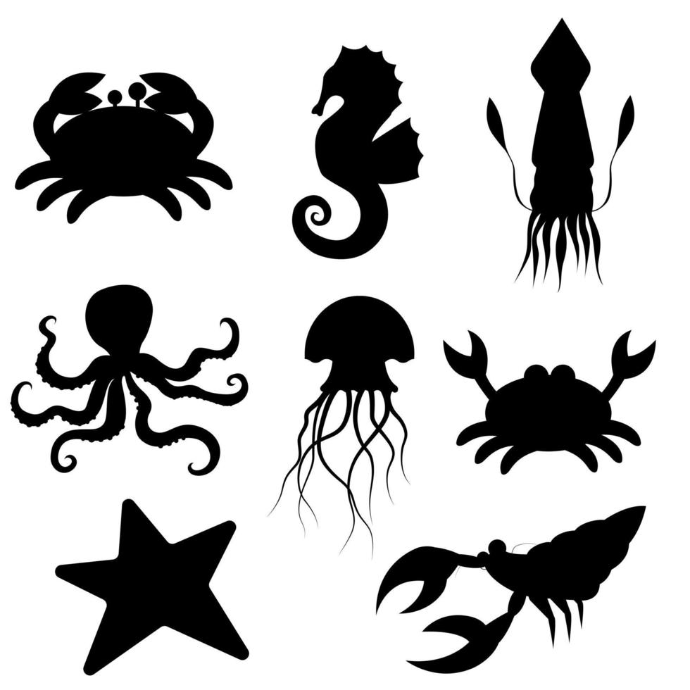 conjunto de siluetas de cangrejo, caballito de mar, estrella de mar, pulpo, cangrejo de río, calamar, medusa. vector aislado en un fondo blanco