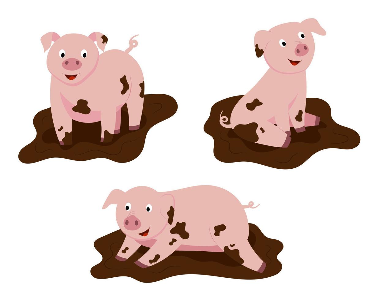 ilustración de dibujos animados, un conjunto de lindos cerdos en el barro. vector aislado en un fondo blanco.
