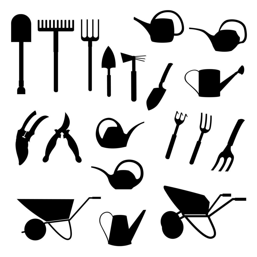 A set of garden tools silhouettes. Vector isolated on a white background