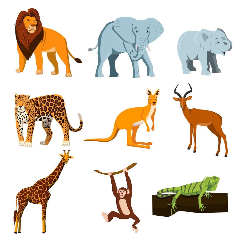 Set of wild animals, zoo. Lion, elephant, baby elephant, jaguar, kangaroo, antelope, giraffe, monkey iguana Vector isolated on a white background