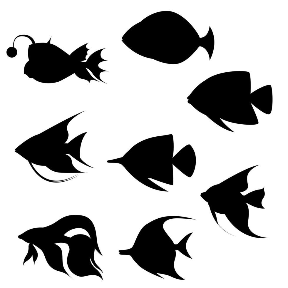 un conjunto de siluetas de peces marinos. vector aislado sobre fondo blanco