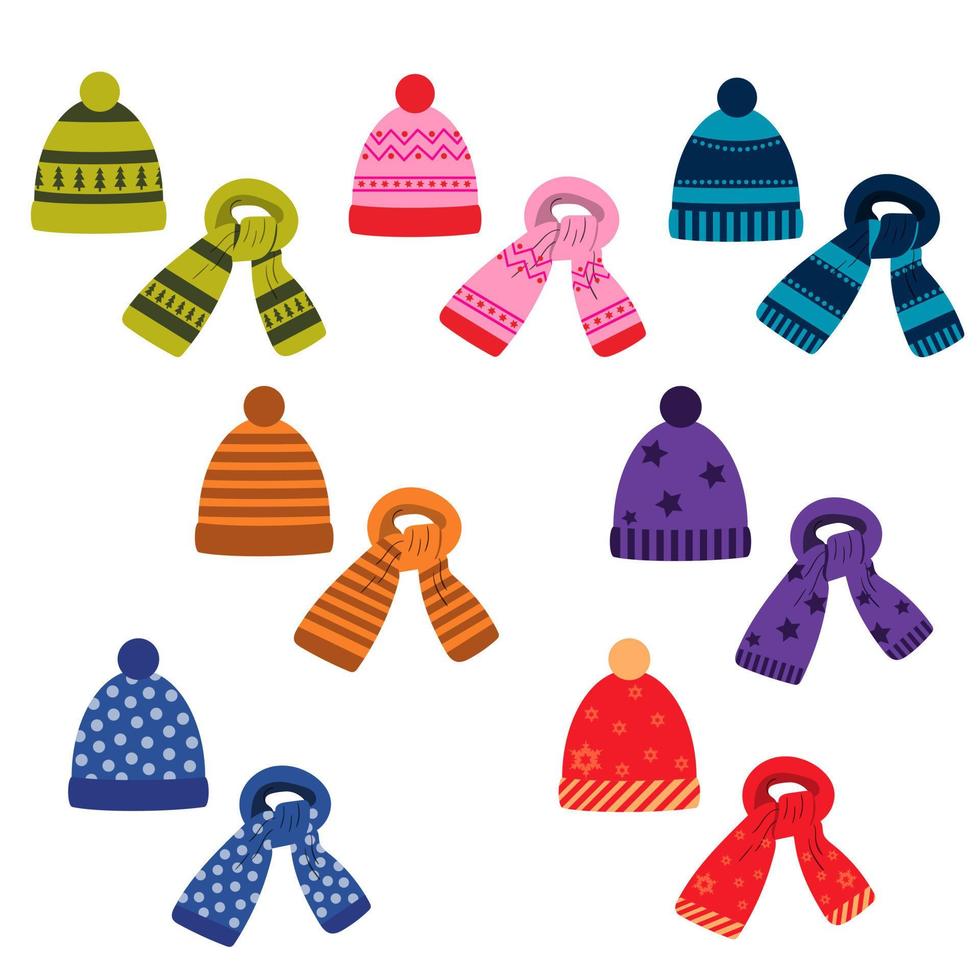 un conjunto de bufandas y sombreros de colores de invierno con un patrón. vector aislado en un fondo blanco.