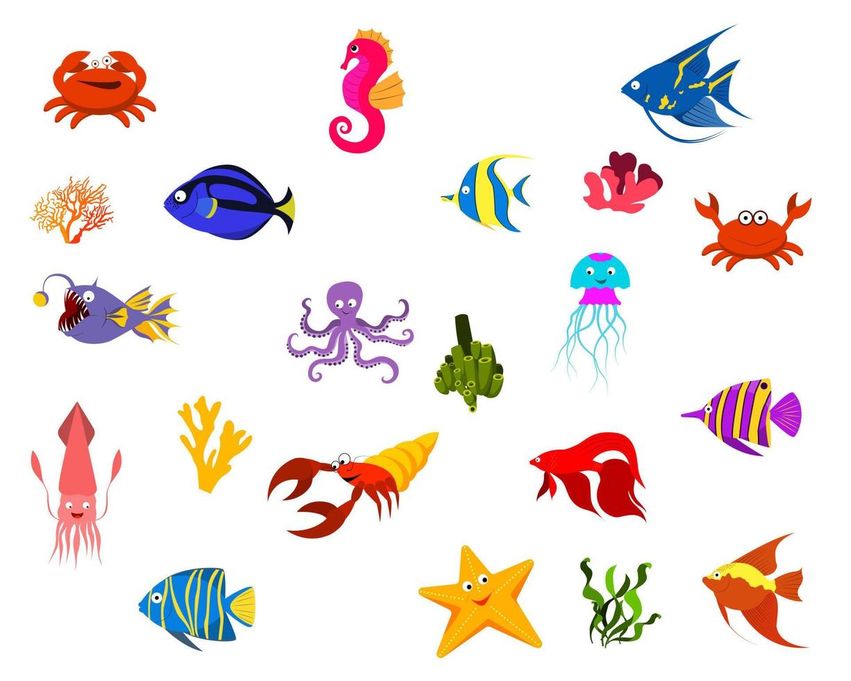 conjunto de peces marinos y algas, cangrejo, caballito de mar, estrella de mar, pulpo, cangrejo de río. vector aislado sobre fondo blanco