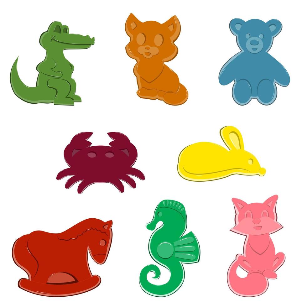 A set of sand molds. Molds in the form of animals, toys for children. Crocodile cat crab mouse bear seahorse mouse. Vector isolated on a white background