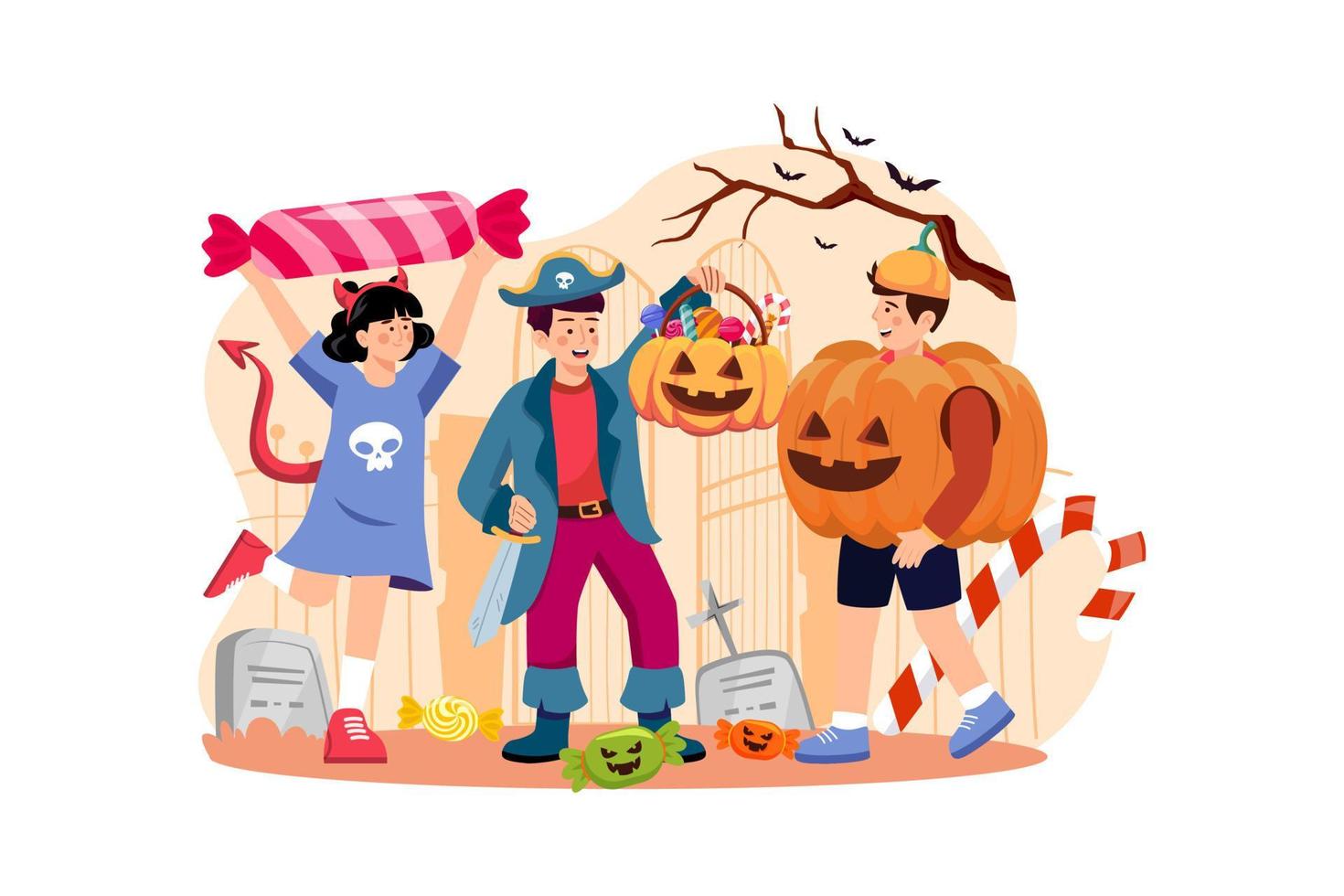 Three children dressed with pumpkins. Halloween concept. vector