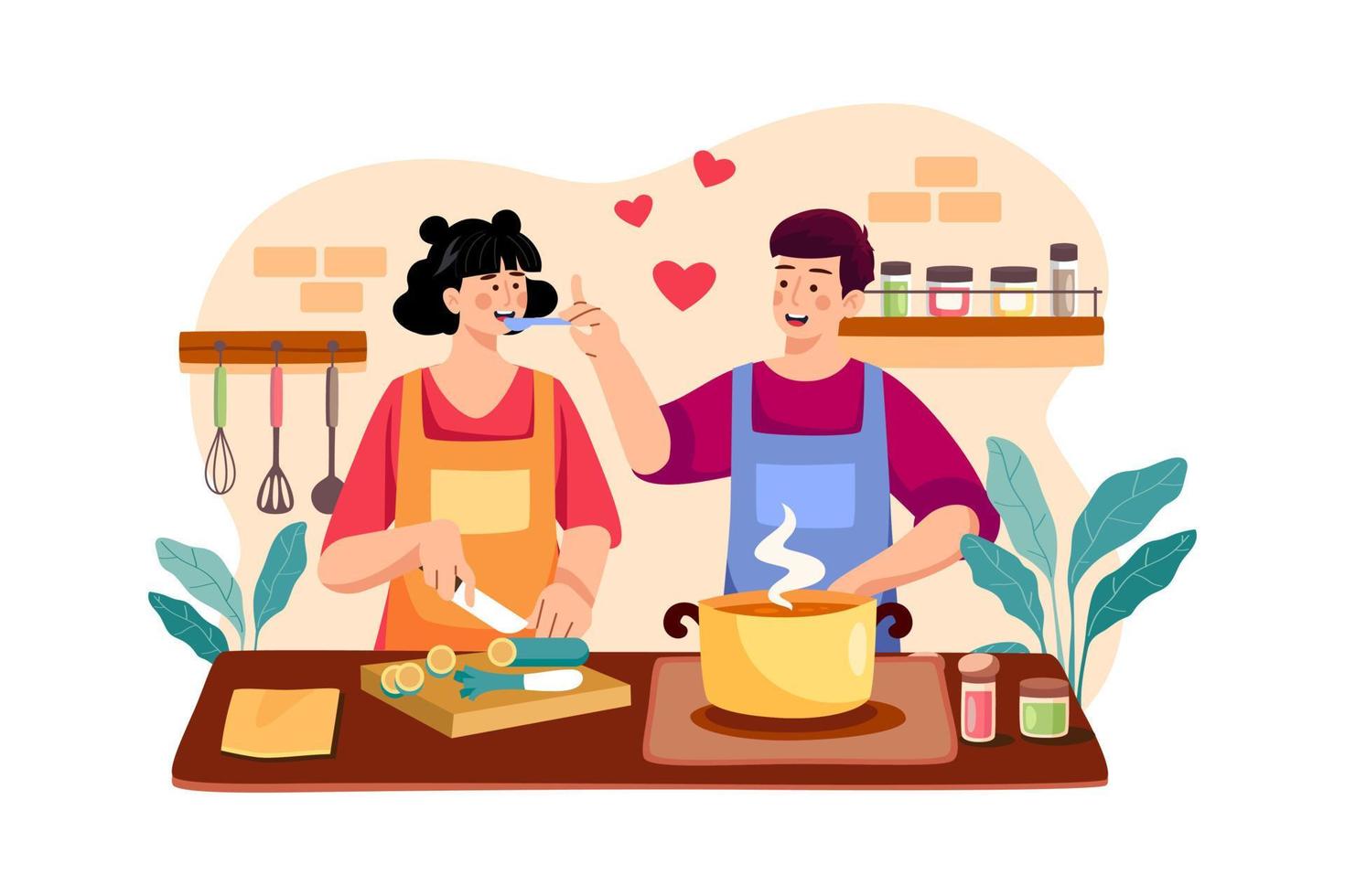 pareja cocinando juntos vector