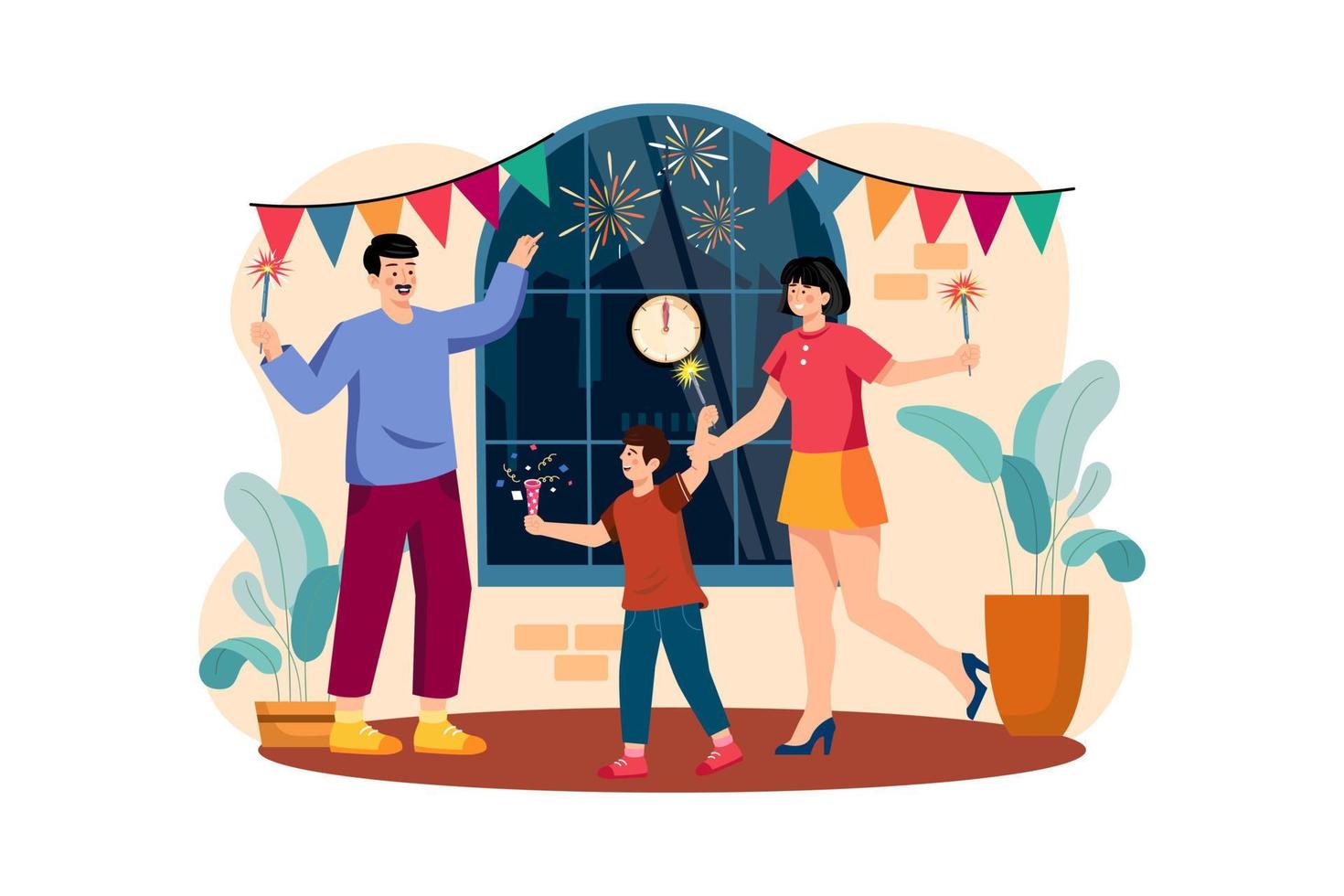 Family greeting new year's eve with flares vector