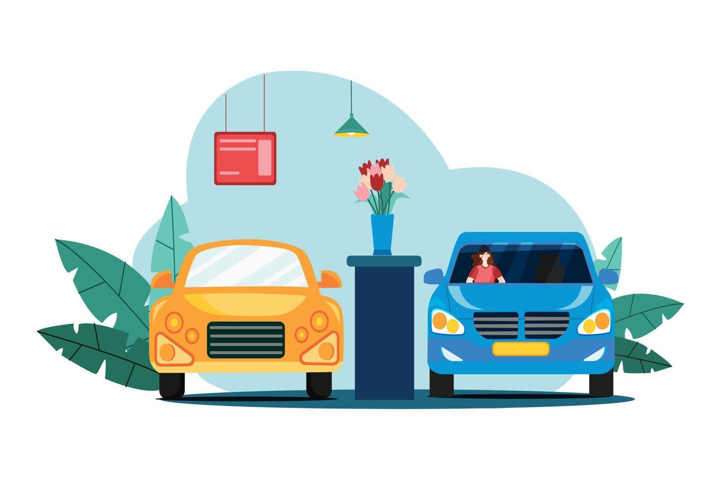 Woman sitting in a car in showroom vector