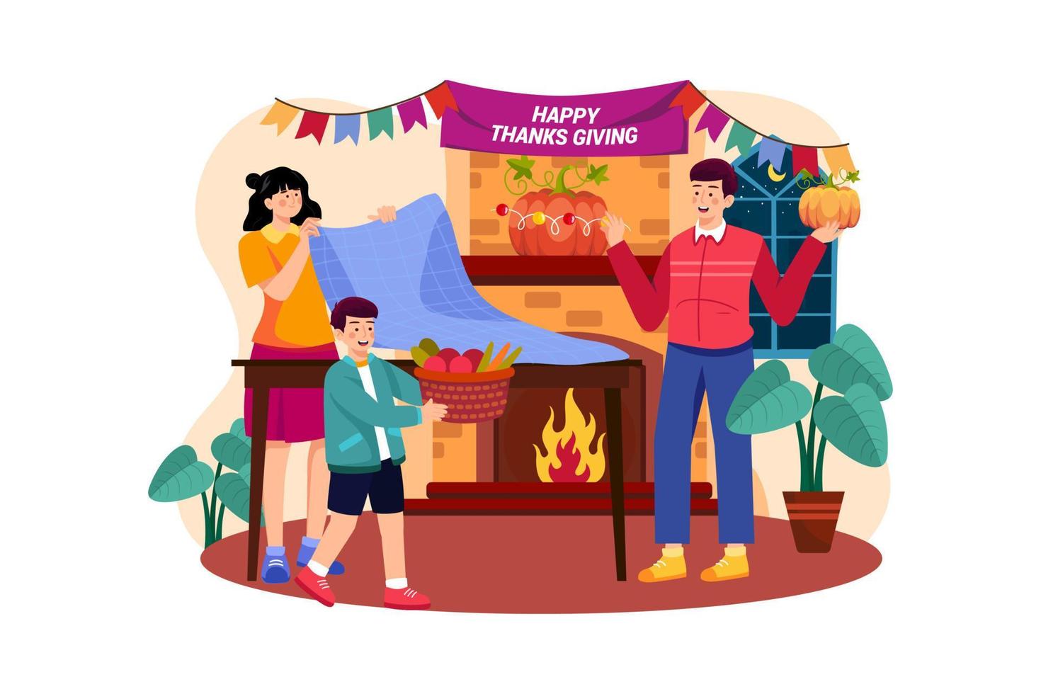 The family decorates for Thanksgiving Day together vector