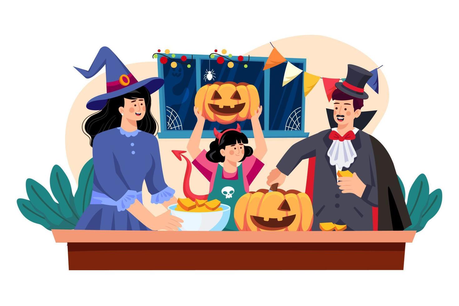 la familia está decorando para halloween vector