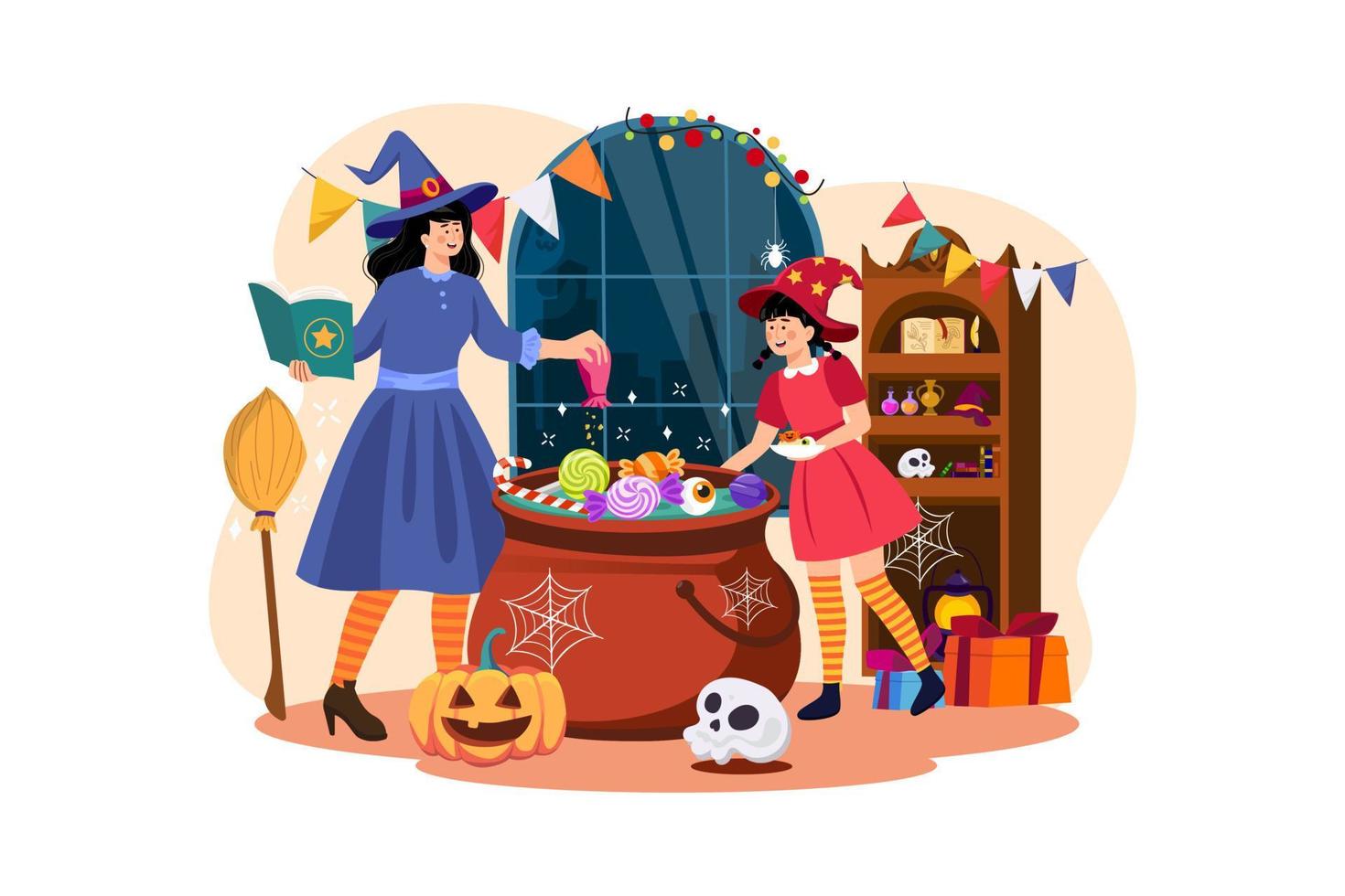 madre e hija están preparando comida para la fiesta de halloween. vector