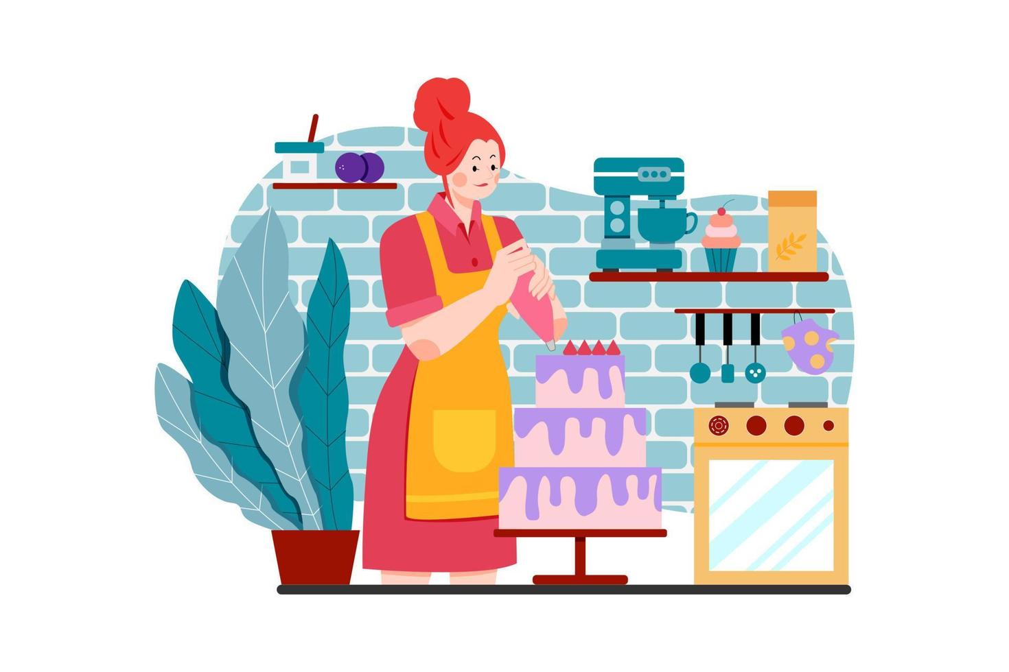 Female chef decorating a cake vector
