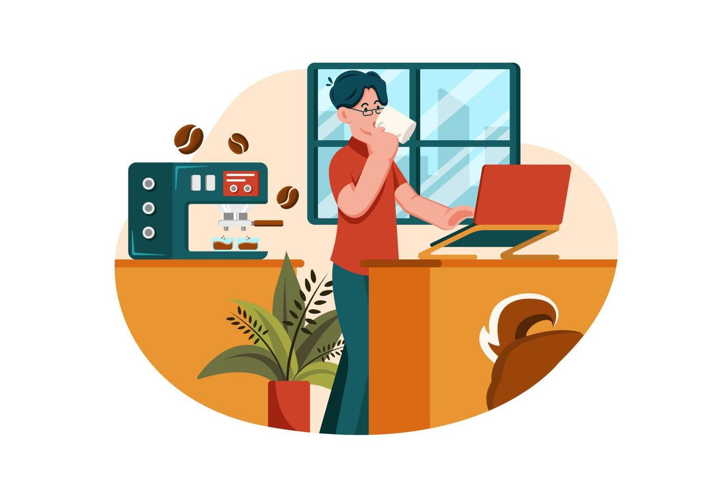 Employee drinking coffee while working from home vector