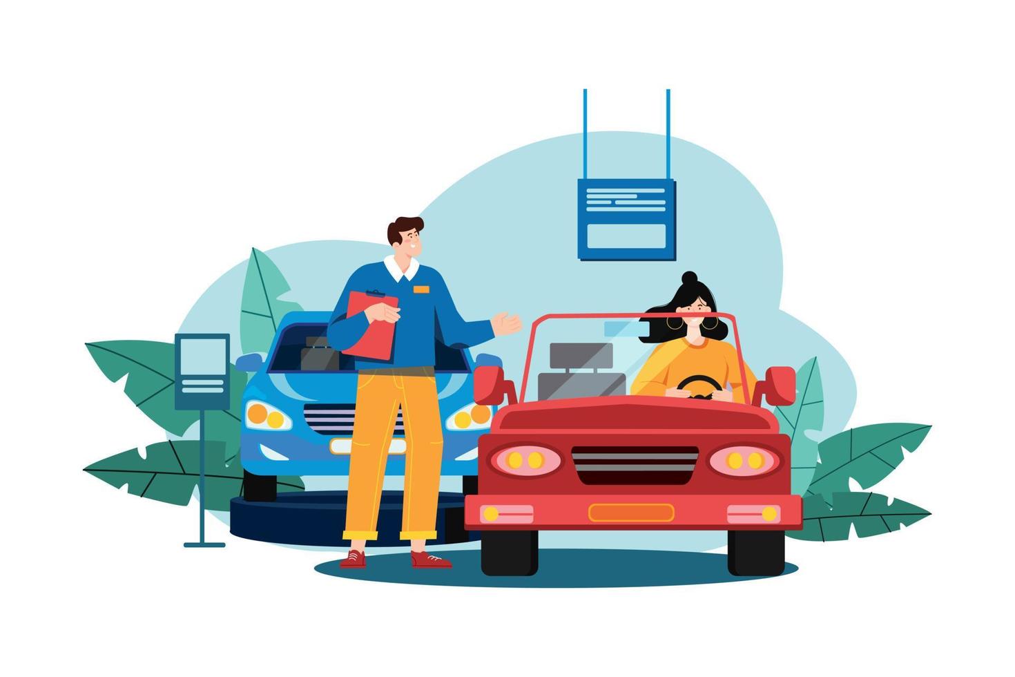 Young woman testing a car in a car showroom vector