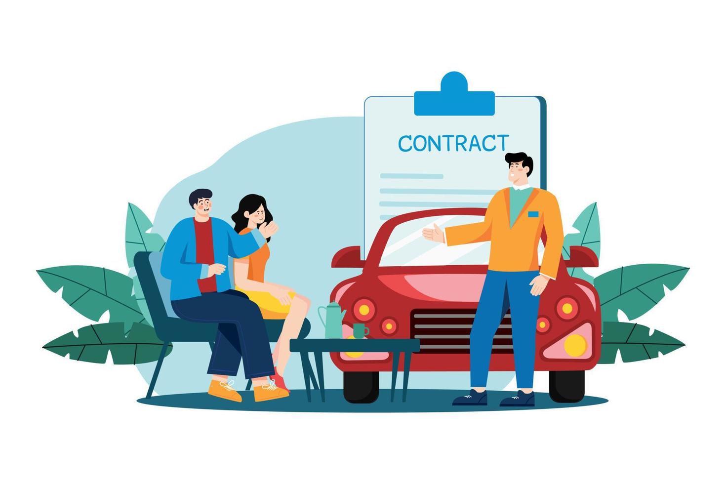 concesionario de automóviles explicando el contrato de venta a una pareja que compra un automóvil vector
