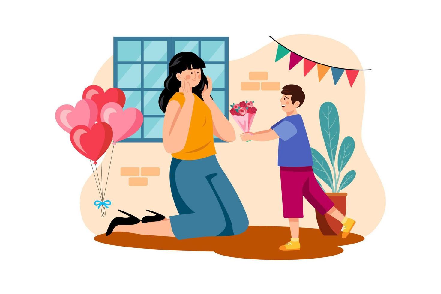 Son gives flowers to his mother on March 8 vector