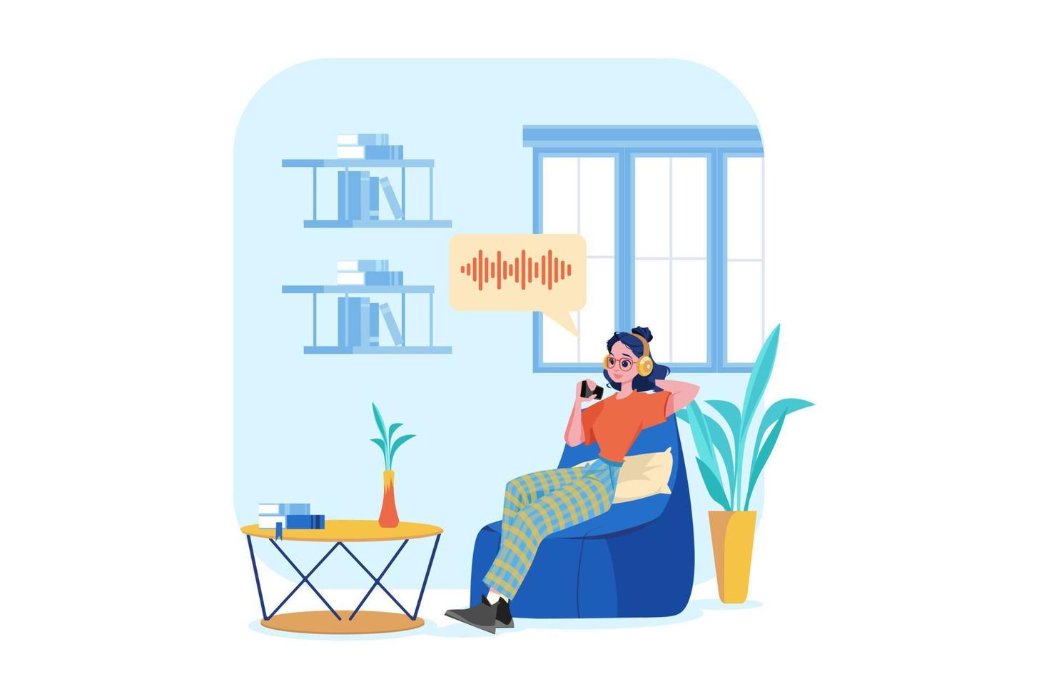 Woman listening to a podcast while sitting on beanbag vector