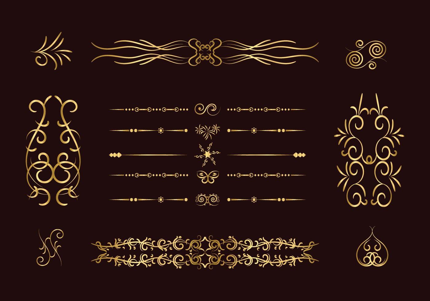 juego de divisores dorados. elementos decorativos ornamentales. diseño de elementos ornamentales vectoriales. el oro florece. divisor caligráfico decorativo y borde para adorno de álbum de recortes de viñeta. vector