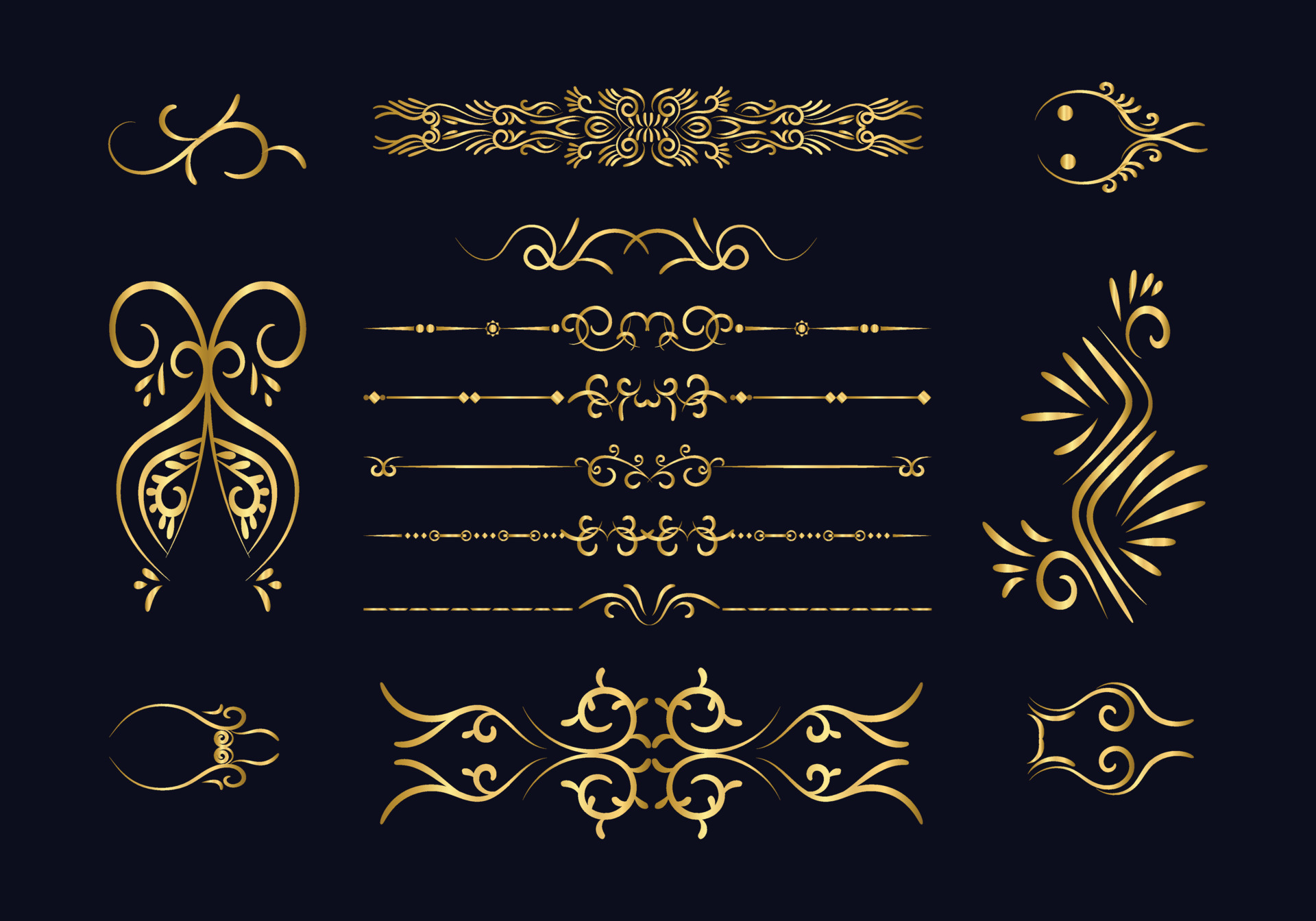 Golden dividers set. Ornamental decorative elements. Vector ornate
