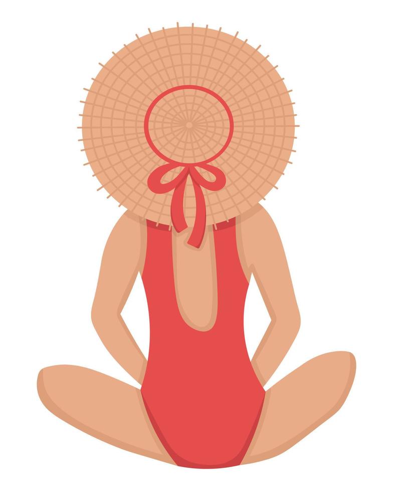 una chica con un sombrero de paja se relaja en la playa. imágenes prediseñadas de garabatos planos. Todos los objetos están repintados. vector