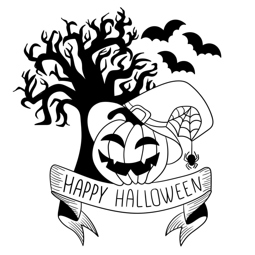 tarjeta de calabaza de halloween con árbol siniestro vector