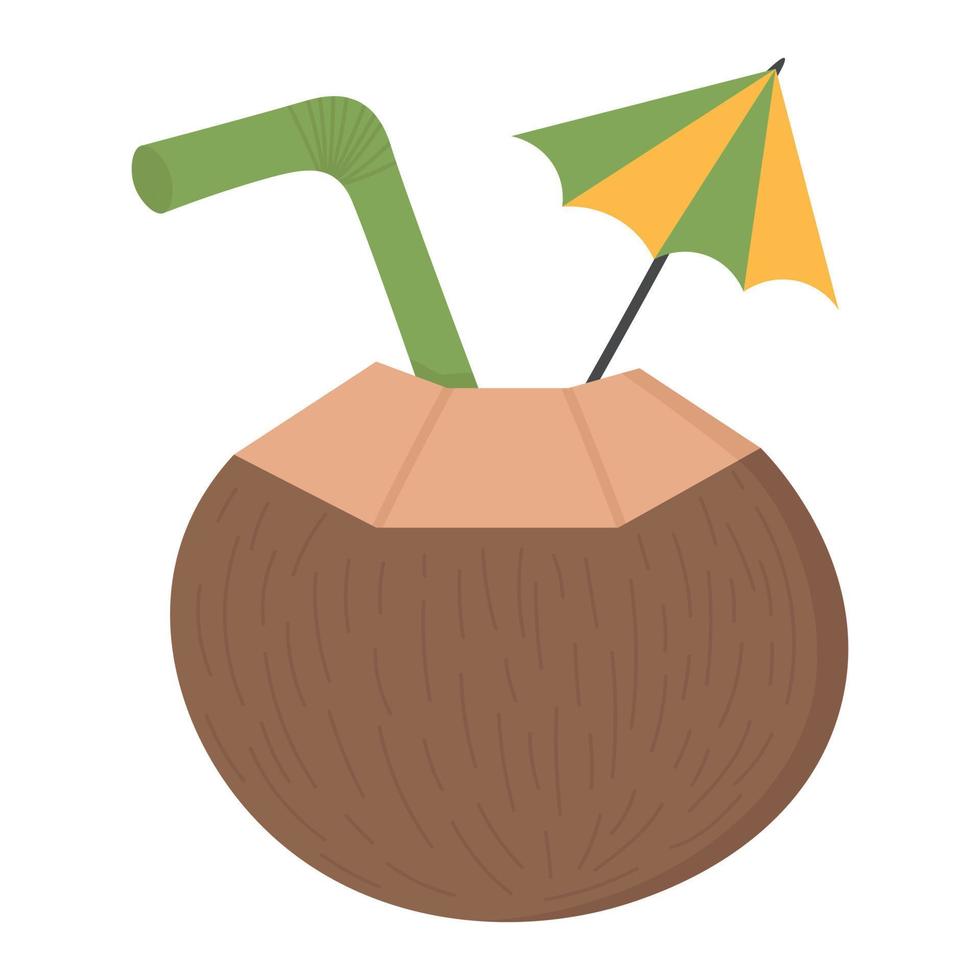 Cocktail in a coconut with a straw. Flat doodle clipart. All objects are repainted. vector