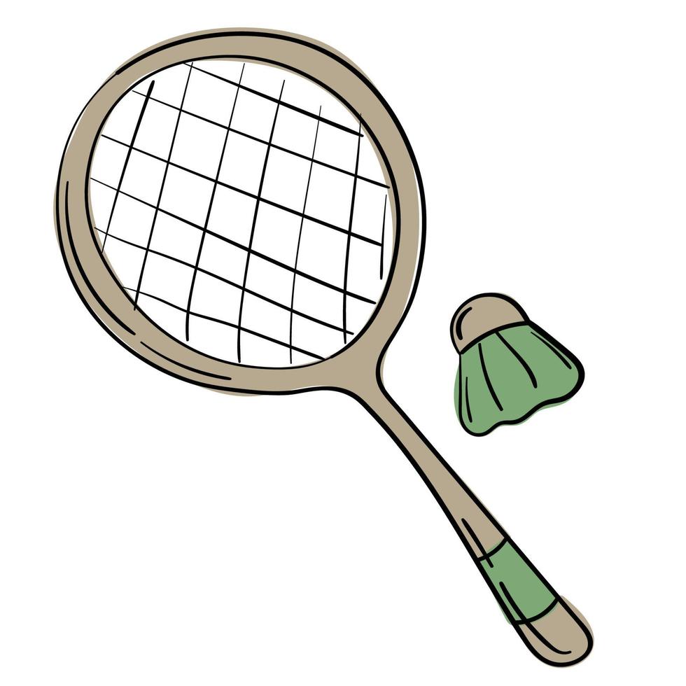 Doodle sticker raqueta de bádminton y volante vector