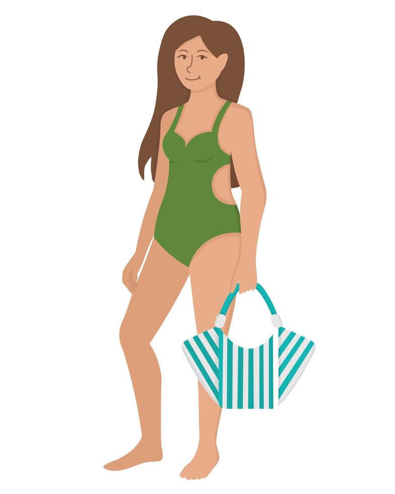 chica con una bolsa de playa. garabatear imágenes prediseñadas planas. Todos los objetos están repintados. vector