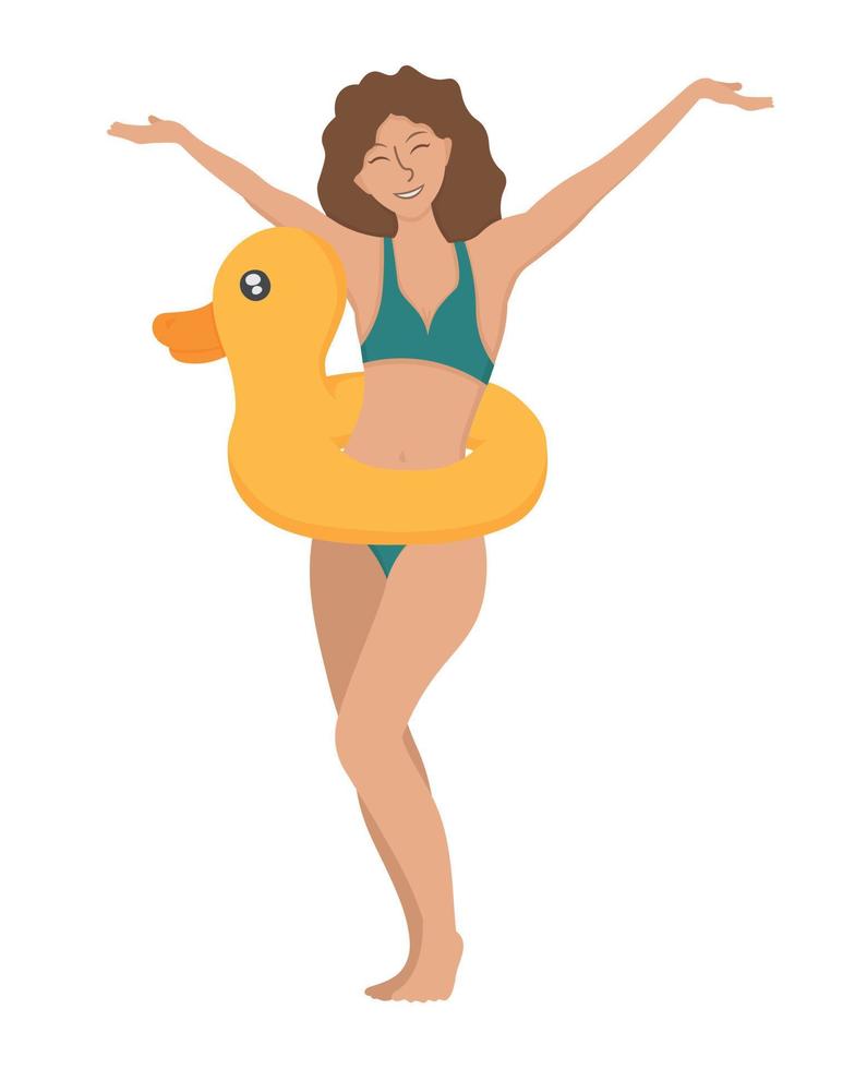 Girl with an inflatable ring for swimming. Doodle flat clipart. All objects are repainted. vector