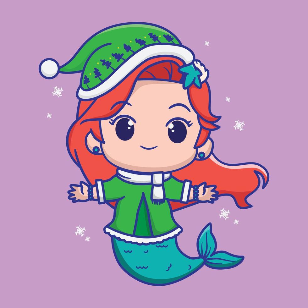 cute mermaid wearing christmas clothes, for kids fashion artworks, children books, greeting cards. vector illustration.