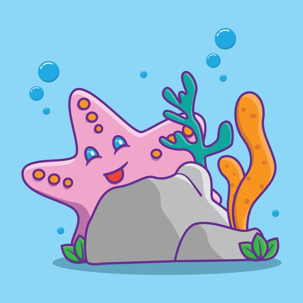 vector illustration of cute starfish hiding behind a rock