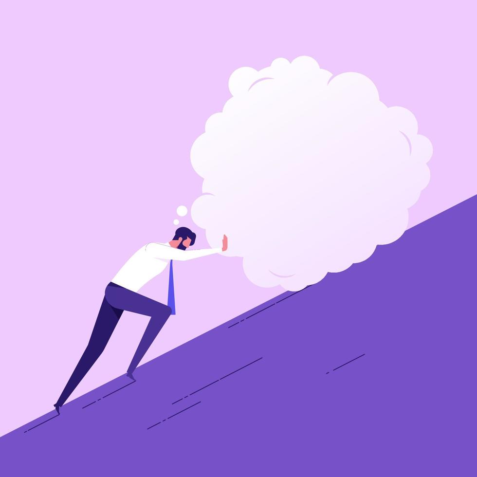Depression and anxiety caused by stress and pressure, businessman push messy chaos stress ball hill vector