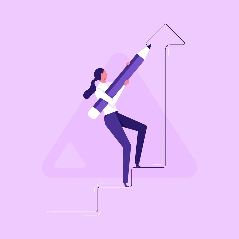 Business development successful, strategy to reach business target or career path achievement concept, businesswoman use huge pencil to draw rising up staircase and walk climbing up ladder vector