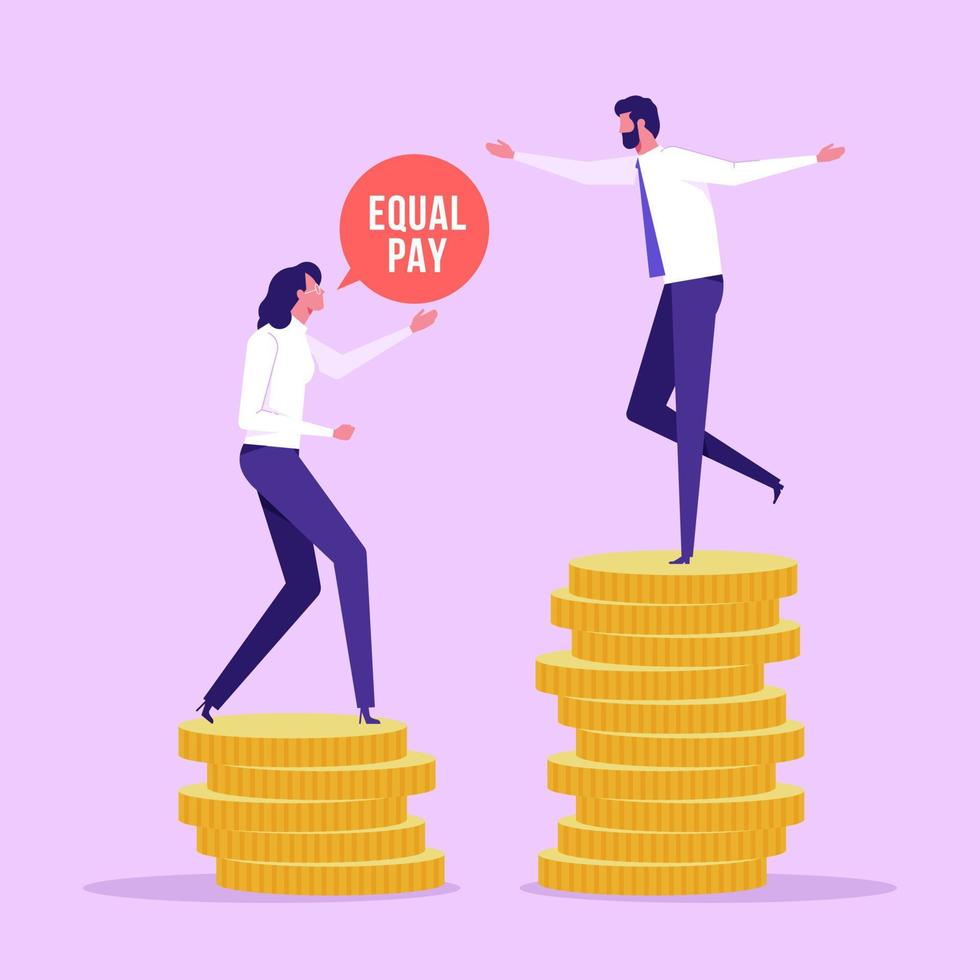 Equal pay gap concept. Business man and woman standing on coin stack vector