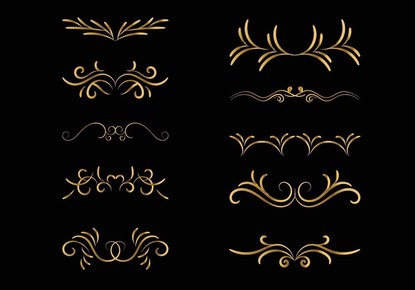 Golden Vector set of vintage floral decorative elements for design, print, embroidery on black background