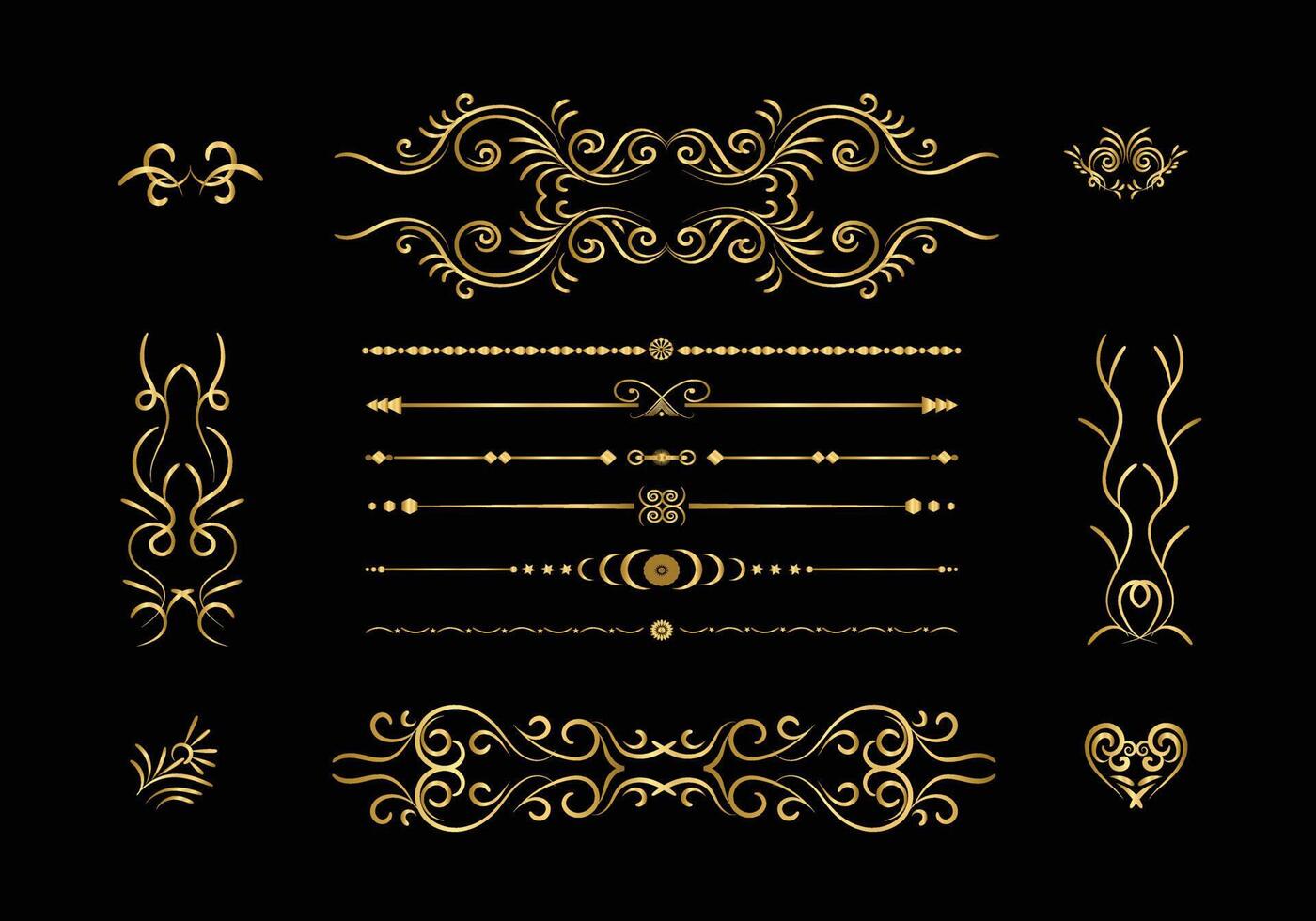 Golden dividers set. Ornamental decorative elements. Vector ornate elements design. Gold