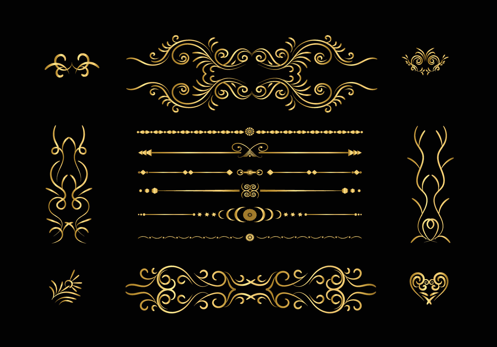 Golden dividers set. Ornamental decorative elements. Vector ornate