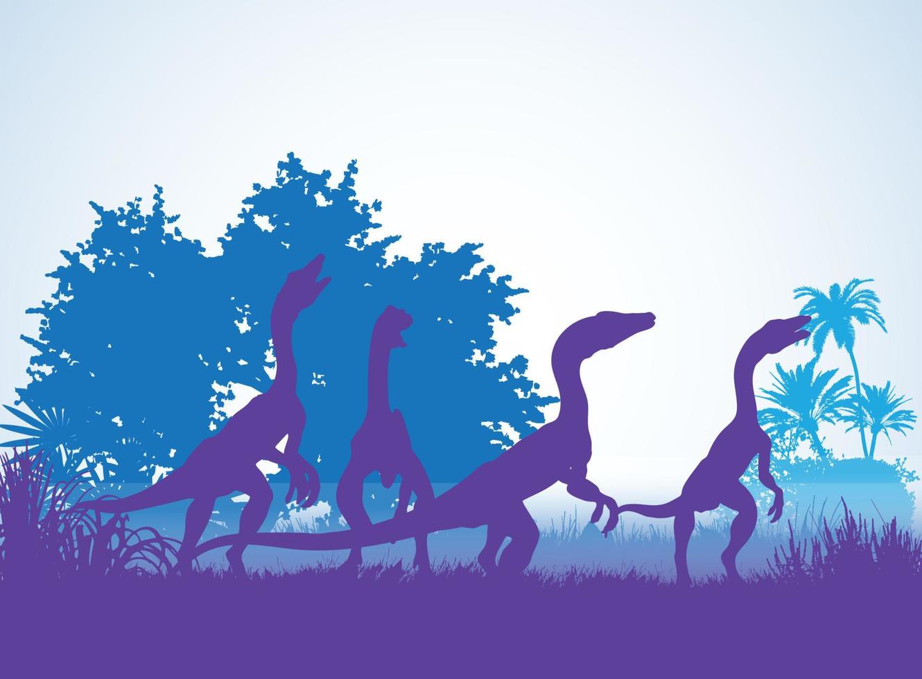 siluetas de dinosaurios compsognathus en un entorno prehistórico capas superpuestas fondo decorativo banner ilustración vectorial abstracta vector