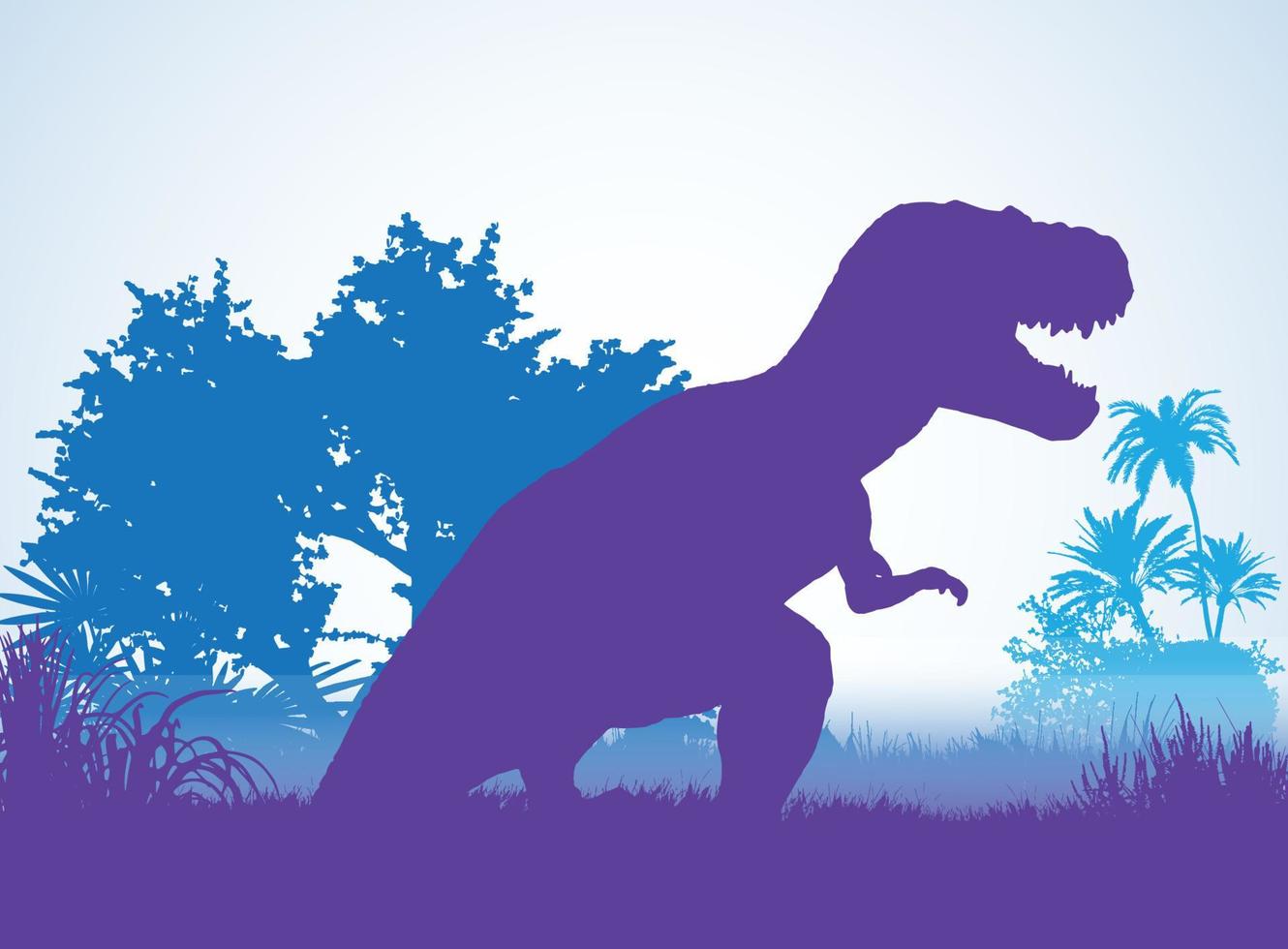 Tyrannosaurus T-rex Dinosaurs silhouettes in prehistoric environment overlapping layers decorative background banner abstract vector illustration